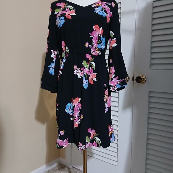 A New Day Black floral fit & flare dress with bell sleeves sz Small polyester - Picture 6 of 16